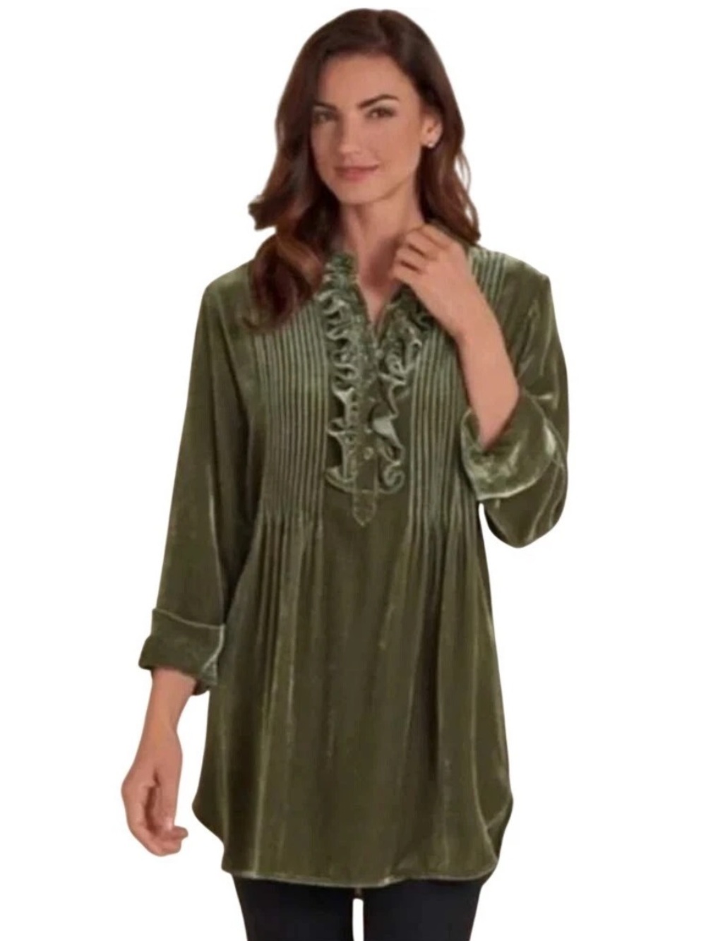 Soft Surroundings Verona Olive Velvet Ruffle Pintuck Tunic Size 1X